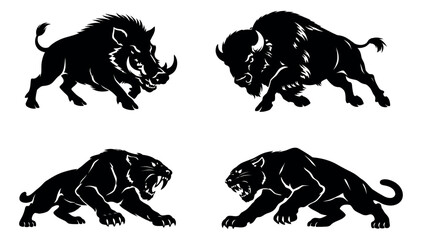 Graphic wild animal set featuring a wild boar, bison, and panthers for sports team logos and branding