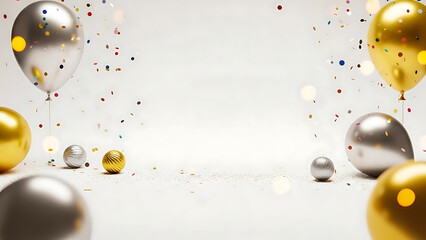Gold and silver balloons with colorful confetti and bokeh lights festival background