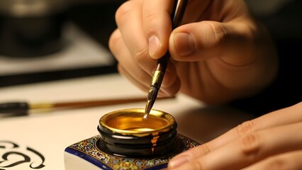 Calligrapher writing with ink and nib.