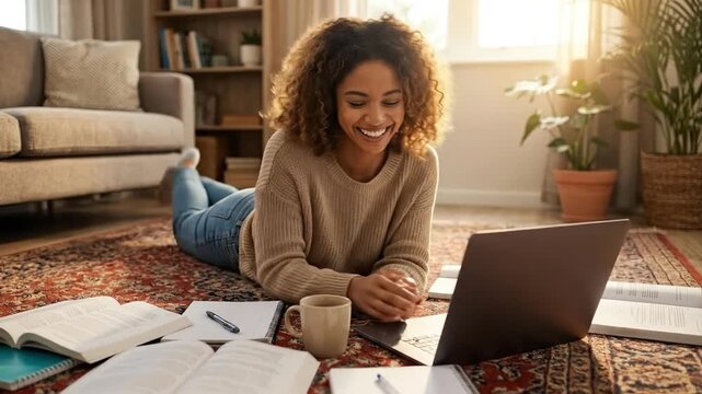 A joyful young woman with curly hair lies comfortably on a patterned rug in a warm, sunlit living room, happily focused on her laptop. Surrounded by open books, a notebook, and a comforting mug, she e
