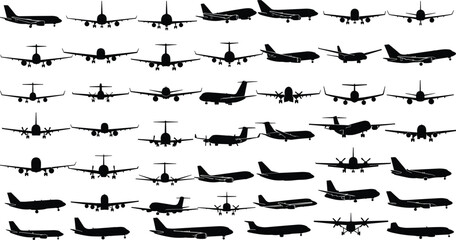 Collection of airplane silhouettes in multiple angles showing commercial jet and turboprop aircraft for aviation design transportation graphics travel industry branding and flight themed projects © Mostofa Expressive