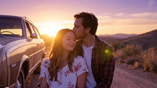 A loving couple shares a tender, intimate moment against the breathtaking backdrop of a golden hour sky. The man gently kisses the woman's forehead as she smiles contentedly, reflecting profound happi