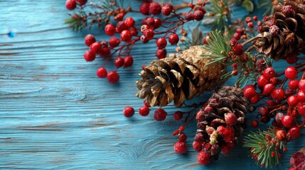 Festive Pine Cone Arrangement on Vibrant Blue Wooden Background
