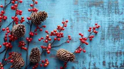 Rustic Pinecones and Red Berries on Blue Wooden Background