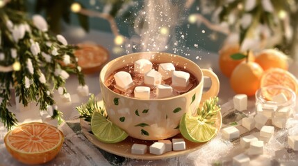 Cozy Warm Drink with Sugar Cubes and Citrus on Festive Table