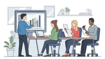 Office Team Discussing Data on Computer Screen.