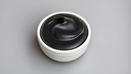 Ceramic bowl with black cosmetic mask on gray background, beauty product close-up.
