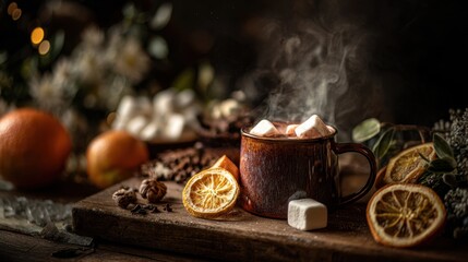 Warm Beverage with Marshmallows and Dried Orange on Rustic Table