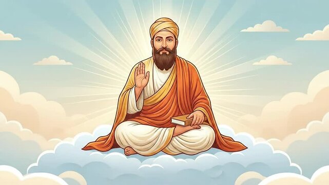 This bright, spiritual digital illustration depicts guru ravidas sitting on a cloud, offering a blessing for guru ravidas jayanti.