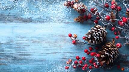 Festive Winter Arrangement with Pinecones and Red Berries on Blue Wood