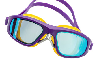 Ultra-detailed macro shot of professional purple polycarbonate swimming goggles, vivid yellow silicone gaskets, cyan mirrored lenses, isolated on transparent background, concept for