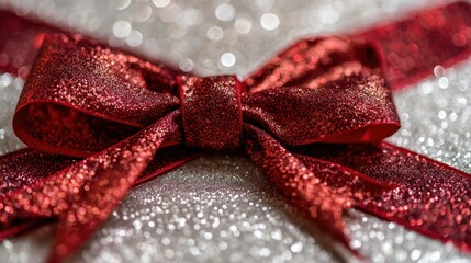 Shiny Red Bow on Silver Shimmering Background for Holidays Celebration