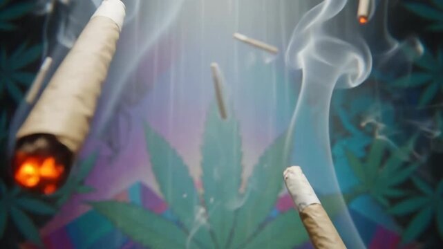 Floating cbis joints with smoke against a colorful marijuana leaf background.