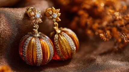 Elegant Gold and Orange Earrings with Sparkling Details on Fabric