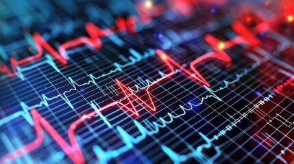 Vibrant Digital Heartbeat Monitoring Display with Abstract Red and Blue Graph Lines on Dark Background