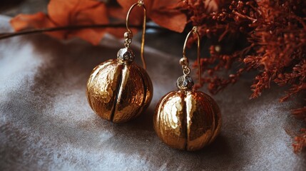 Elegant Gold Earrings with Textured Finish and Silver Accent Beads