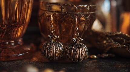 Decorative Pumpkin Earrings with Elegant Amber Glass Background