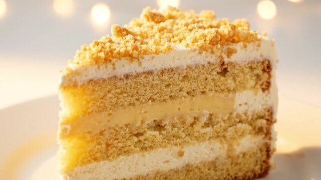 A mouth-watering close-up of a perfectly sliced piece of layered cake, showcasing its delicate, golden sponge cake layers, creamy white frosting, and a rich, light yellow filling. The top is generousl