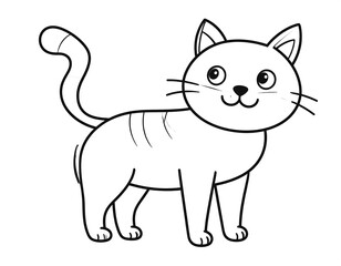 Black and white illustration of a smiling feline. It has big eyes, whiskers, and stripes on its back. The tail curls up