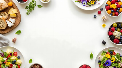 Colorful salads and fruits on table with cheese and bread white table