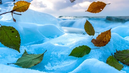 Autumn leaves drift above icy formations near a flowing body of water under a cloudy sky. The scene is bright and cool