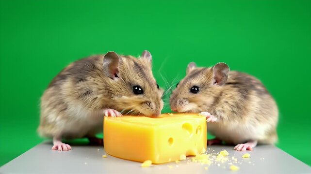 Mice Eating Cheese on Green Background - Two mice nibble on a piece of Swiss cheese against a vibrant green backdrop.