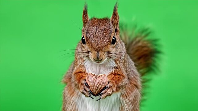 Squirrel Holding Nut on Green Screen - A squirrel is positioned in the center of the frame, holding a walnut in its paws. The background is a plain, vibrant green.