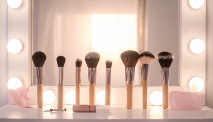 Vanity scene featuring lit mirror, assorted brushes, and cosmetic items on a white surface
