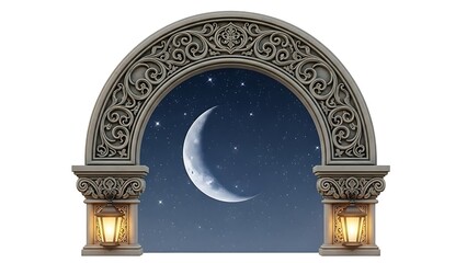 Ornate archway with crescent moon and celestial background