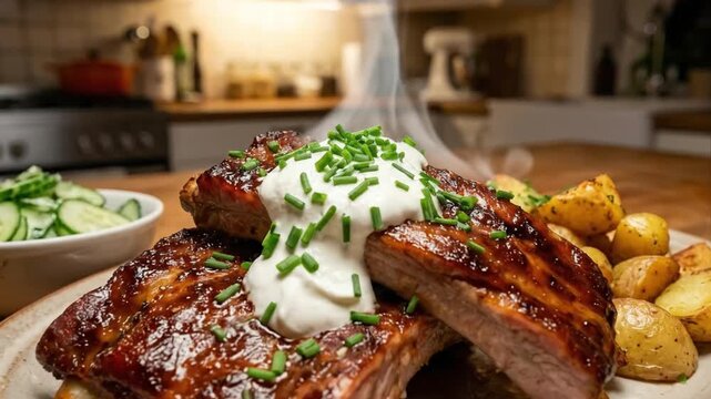A mouth-watering plate of perfectly cooked, succulent ribs, generously coated in a glistening, savory glaze and topped with a dollop of creamy dressing and fresh green chives. Steaming gently, the dis