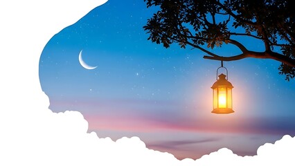Serene night sky with a hanging lantern and crescent moon