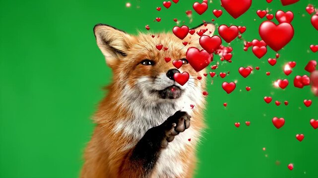 Fox Surrounded by Hearts on Green Screen - A cute fox with orange and white fur is surrounded by many red hearts on a solid green background.