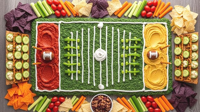 American football field made of food ingredients on a wooden table