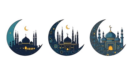 Illuminated crescent moons with majestic mosques: symbols of faith and spirituality