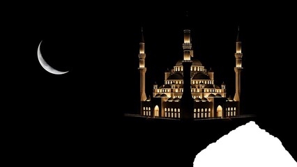 Illuminated mosque under the crescent moon: a symbol of faith and serenity