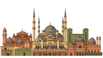 Magnificent islamic mosque architecture with ornate details and multiple minarets