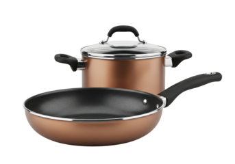 Sleek, brushed copper non-stick cookware set, silver rims and matte black soft-touch handles, studio-lit on a transparent infinity background. Concept for high-end kitchen product sales