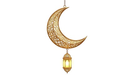 Illuminated crescent moon with intricate lantern pendant, symbolizing spirituality and elegance