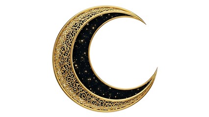 Golden crescent moon with intricate celestial design
