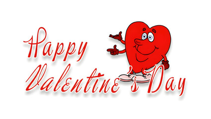 A playful and endearing cartoon character, shaped like a cheerful red heart with shoes and arms, stands proudly beside the elegant script message "Happy Valentine's Day" on a bright white background.