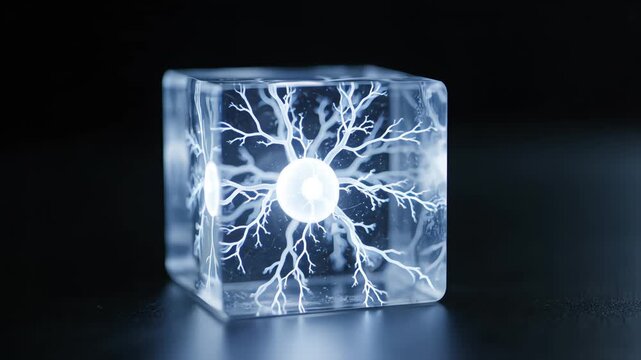 A powerful electrical discharge creates a glowing, tree-like Lichtenberg figure, trapping a fractal lightning pattern within a clear cube