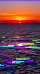 Vivid ocean sunset is overlaid with digital signal interference patterns