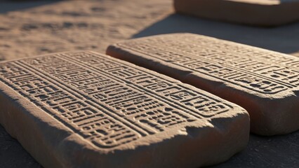 Ancient Egyptian hieroglyphic stone slabs in desert sand