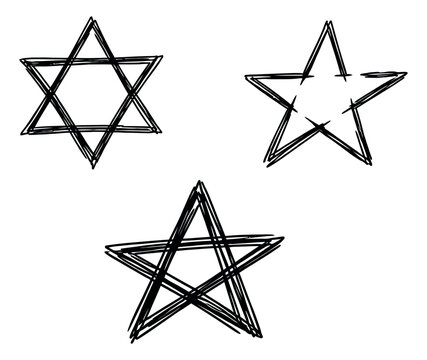 Hand drawn star shapes set featuring a six-pointed star and two five-pointed stars for graphic design