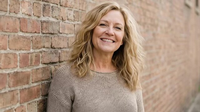 A radiant mature woman with a warm, genuine smile and windswept blonde hair confidently poses against a rustic brick wall. Her cheerful and authentic expression conveys pure happiness and a positive o
