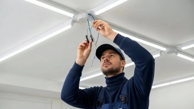 Man electrician installing or maintaining ceiling light fixture in a building during work on renovation or apartment maintenance