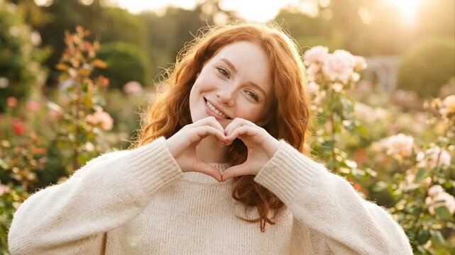 A radiant young woman with vibrant red hair smiles warmly at the camera, forming a delicate heart shape with her hands over her chest. Bathed in the soft, golden light of a setting sun, she stands ami