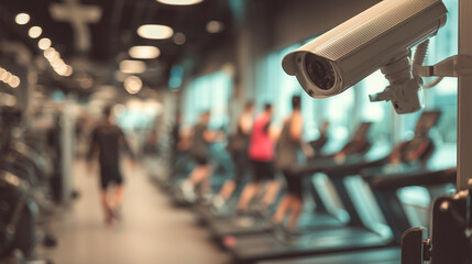 CCTV camera in gym monitors fitness workout. People exercise on treadmills. Surveillance system records training session. Security tech in health club. Indoor activity tracking concept. Gym interior