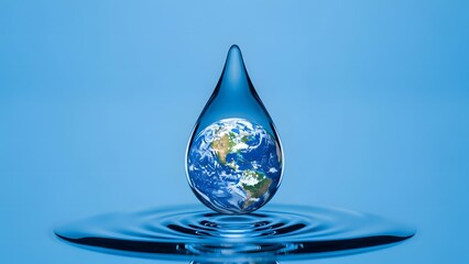 Obraz premium A single droplet of water reflects the Earth, symbolizing environmental conservation and the preciousness of our planet's resources