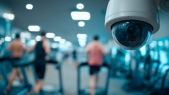 CCTV camera in gym monitors fitness workout. People exercise on treadmills. Surveillance system records training session. Security tech in health club. Indoor activity tracking concept. Gym interior - Powered by Adobe